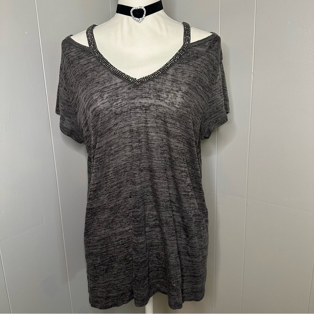 Juicy Couture Rhinestone Trim Burnout Tee – Off Shoulder Glam Top